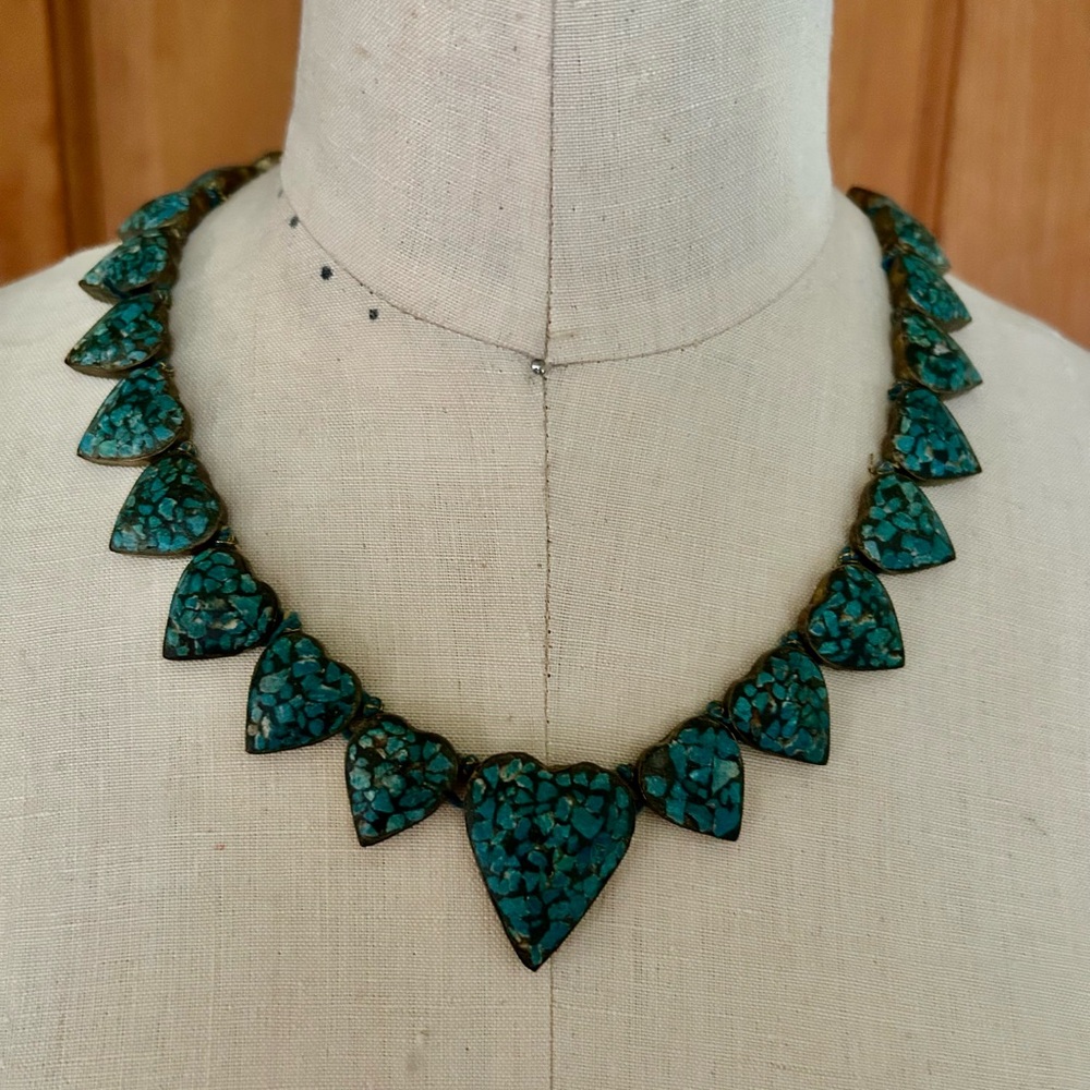 Turquoise Inlay Multi Heart,Brass Necklace.Vintage, Estate quality, rare.
